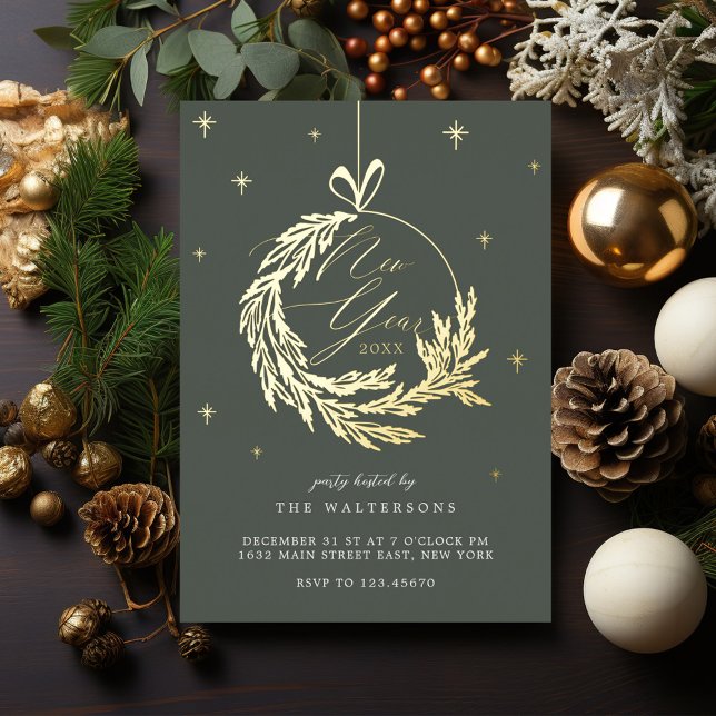 New Year Party Elegante Garland Highlights Folieneinladung (New Year Party Elegant Garland Holiday Ornament Foil Invitation)