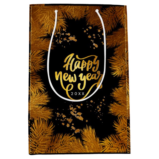 New Year Pine Gold Elegantes Corporate Party Mediu Mittlere Geschenktüte (Vorderseite)