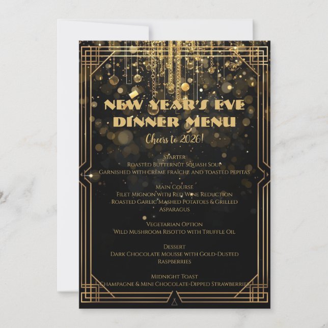 New Year’s Eve Menu | Elegant Black & Gold Glitter Einladung (Vorderseite)