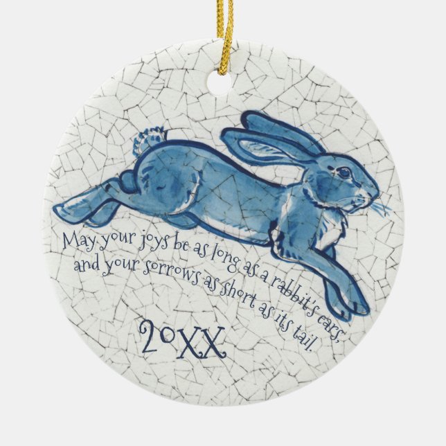 New Years Blue White Rabbit Bunny Delft Dedham Keramik Ornament (Vorne)
