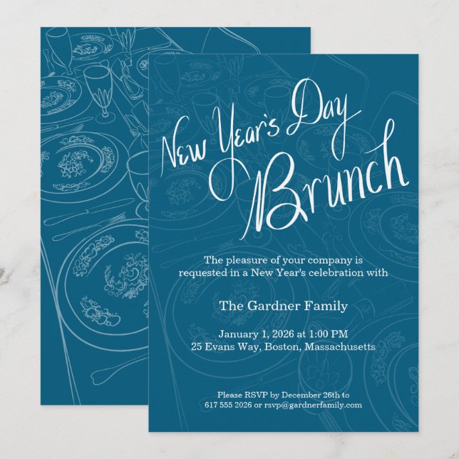 New Year's Day Brunch Tablescape Invitation Einladung (Vorne/Hinten)