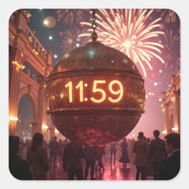 New Year's Eve Countdown Clock with Fireworks Quadratischer Aufkleber (Vorderseite)
