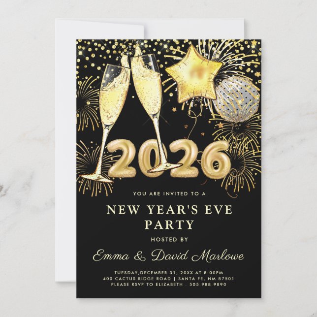 New Year's Eve Party 2026 Gold Black Modern Einladung (Vorderseite)