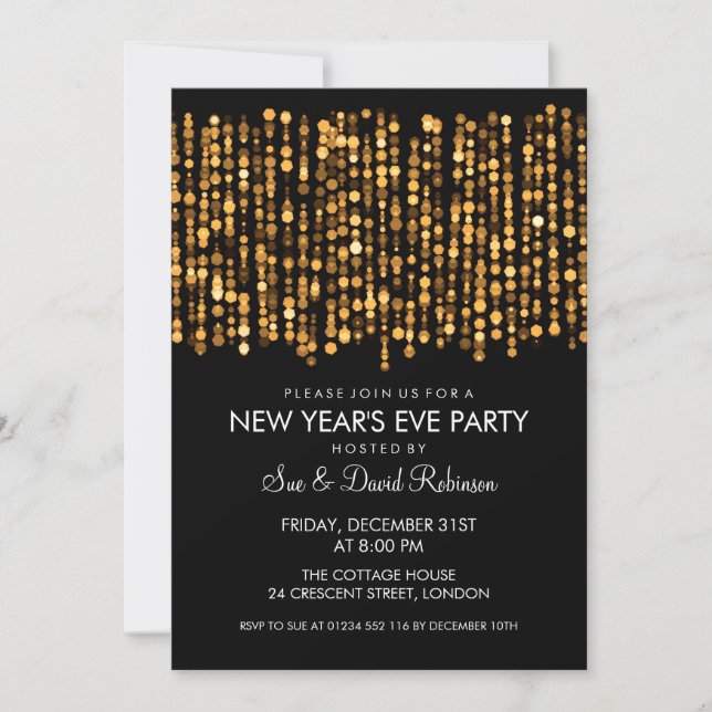 New Years Eve Party Twinkling Lights Gold Einladung (Vorderseite)