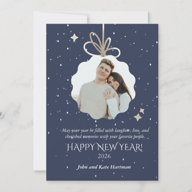 New Years Greeting Card with Photo Ornament (Vorderseite)