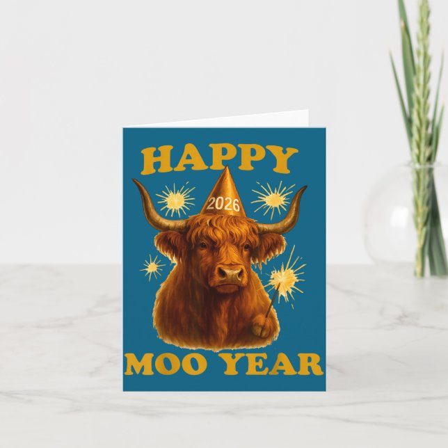 New Years Highland Cow Scottish Nye Party Farm Ani Karte (Vorderseite)