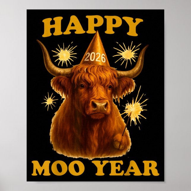 New Years Highland Cow Scottish Nye Party Farm Ani Poster (Vorne)