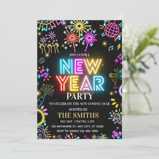 New Years Party invite, Glow NYE invitation Einladung (Stehend Vorderseite)