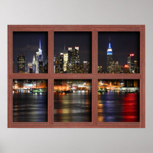 New York at Night - Redwood 4 Pane Window Poster