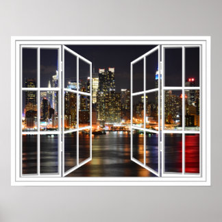 New York bei Night White 24 Pane Open Window Poste Poster