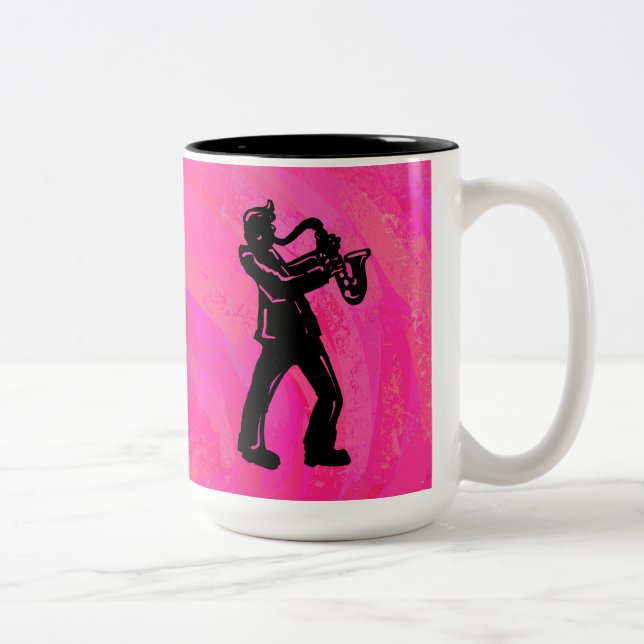 New York Boogie Nights Saxophon Hot Pink Zweifarbige Tasse (Rechts)