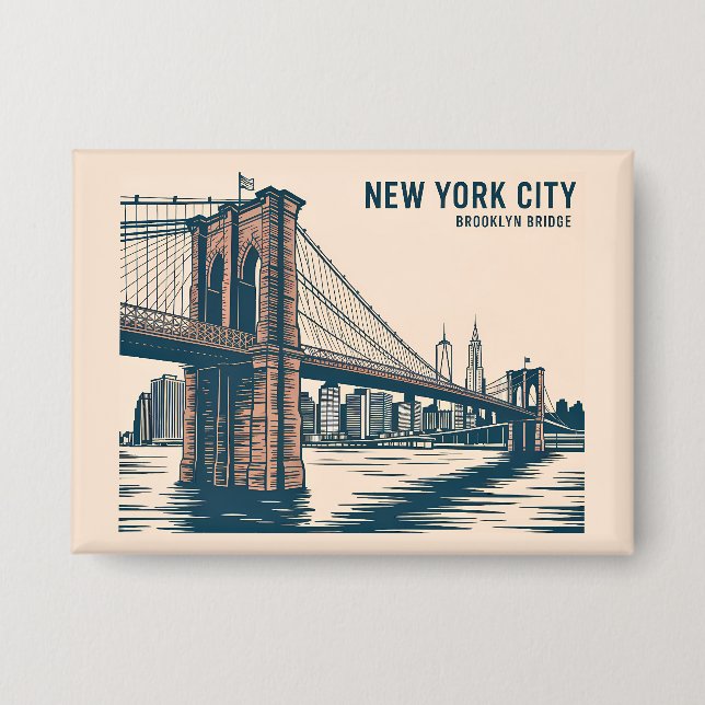New York Brooklyn Bridge Skyline Bold Retro Travel Button (Vorderseite)