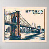New York Brooklyn Bridge Skyline Bold Retro Travel