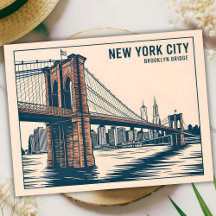 New York Brooklyn Bridge Skyline Bold Retro Travel