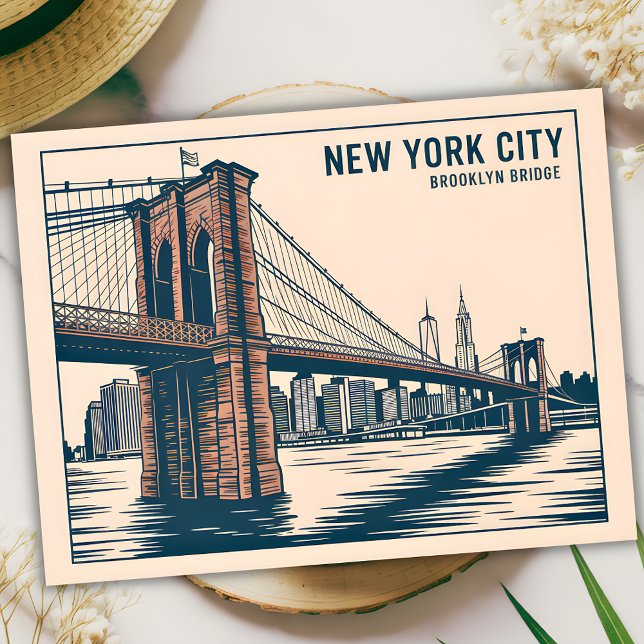 New York Brooklyn Bridge Skyline Bold Retro Travel Postkarte (New York Brooklyn Bridge Skyline Bold Retro Travel Postcard)