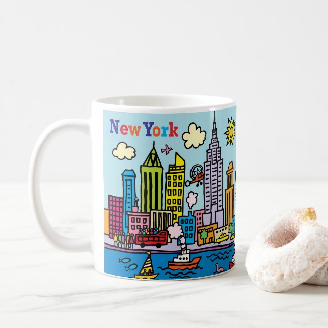 New York Cartoons Sightseeing Gebäude Kaffeetasse (Mit Donut)
