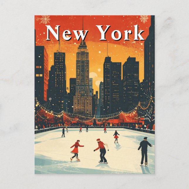 New York Christmas Ice Skaten Retro Postkarte (Vorderseite)
