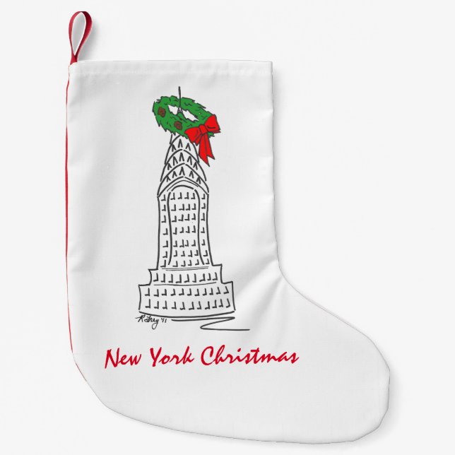 New York Christmas NYC Skycraper Holly Wreath Kleiner Weihnachtsstrumpf (Vorderseite)