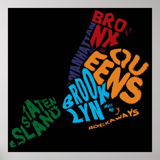 New York City 5 Boroughs Calligram Map Poster (Vorne)