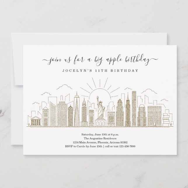 New York City Big Birthday Apple Party Gold Einladung (Vorderseite)
