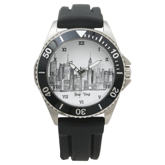 New York City Black Modern Skyline Travel NYC Armbanduhr (Vorderseite)