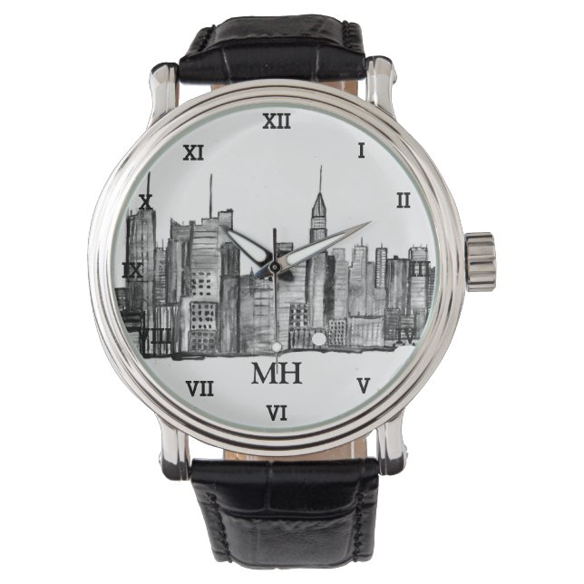 New York City Black Modern Skyline Travel NYC Armbanduhr (Vorderseite)