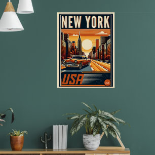 New York City - Brooklbrücke Vintages Klassikfahrz Poster