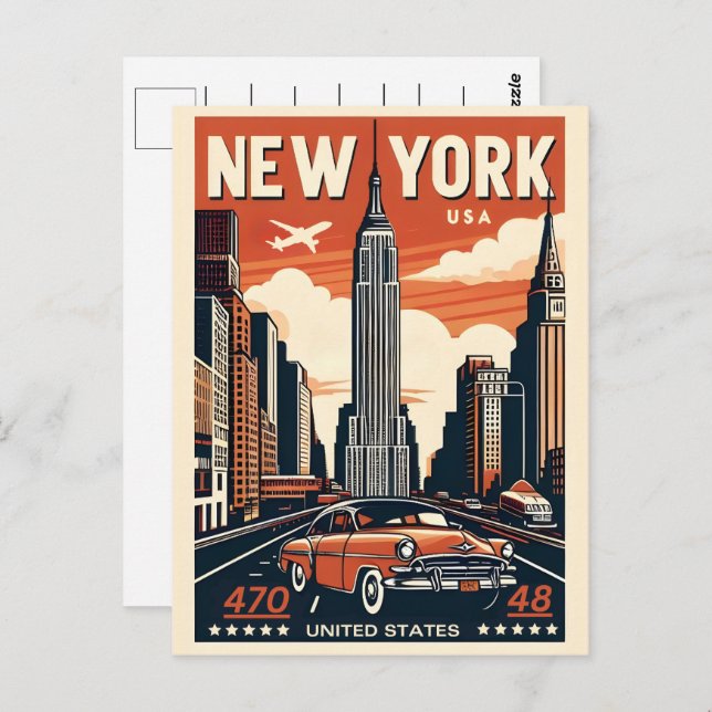 New York City - Brooklbrücke Vintages Klassikfahrz Postkarte (Vorne/Hinten)