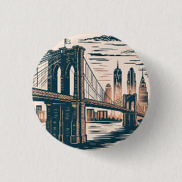 New York City Brooklyn Bridge Bold Retro Skyline Button
