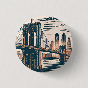 New York City Brooklyn Bridge Bold Retro Skyline Button