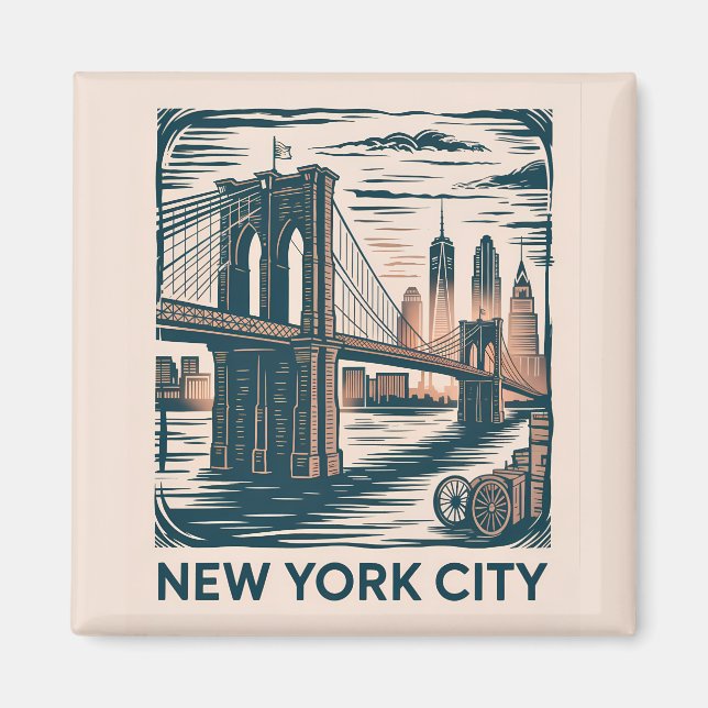 New York City Brooklyn Bridge Bold Retro Skyline Magnet (Vorne)