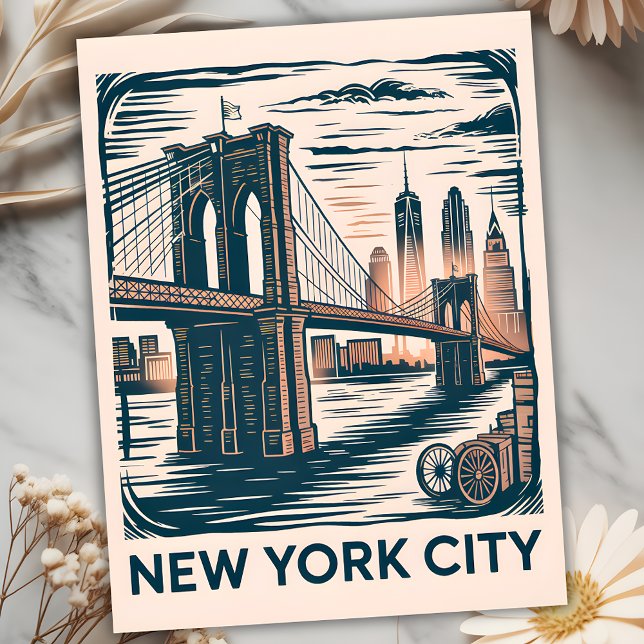 New York City Brooklyn Bridge Bold Retro Skyline Postkarte (New York City Brooklyn Bridge Bold Retro Skyline Postcard)