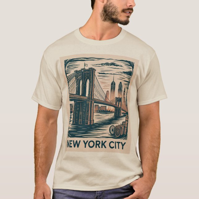 New York City Brooklyn Bridge Bold Retro Skyline T-Shirt (Vorderseite)