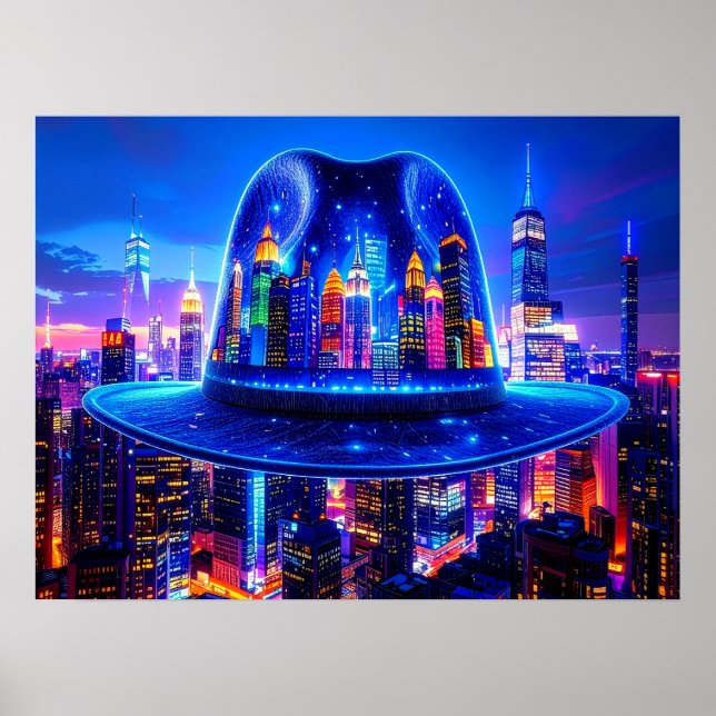 New York City Buildings at Night Under Fedora Hat  Poster (Vorne)