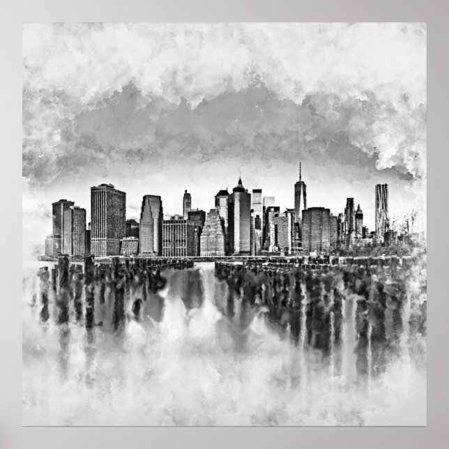 New York City Manhattan Skyline - schwarz-weiß Poster (Vorne)