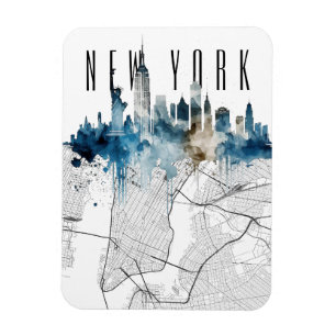New York City Map Aquarellskyline Magnet