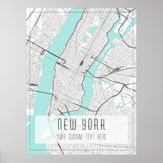 New York City Map, Black, White und Blue Poster