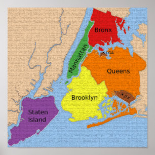 New York City Map Boroughs Labels Poster