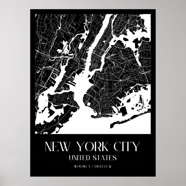 New York City Map - Schwarz und Weiß Poster (Vorne)