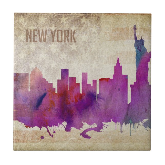 New York City, NY | Aquarell-Stadt-Skyline Fliese (Vorderseite)