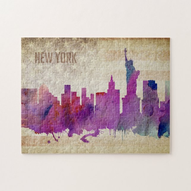 New York City, NY | Aquarell-Stadt-Skyline Puzzle (Horizontal)