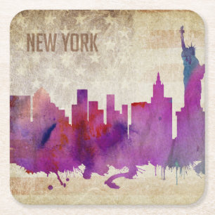 New York City, NY Aquarell-Stadt-Skyline Rechteckiger Pappuntersetzer