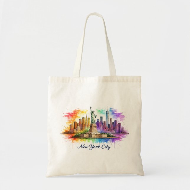 New York City Rainbow Watercolor Skyline Tragetasche (Vorne)