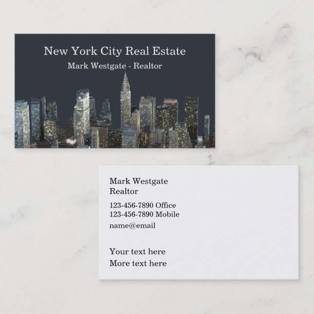 New York City Realtor Double Side Business Card Visitenkarte (Vorne/Hinten)