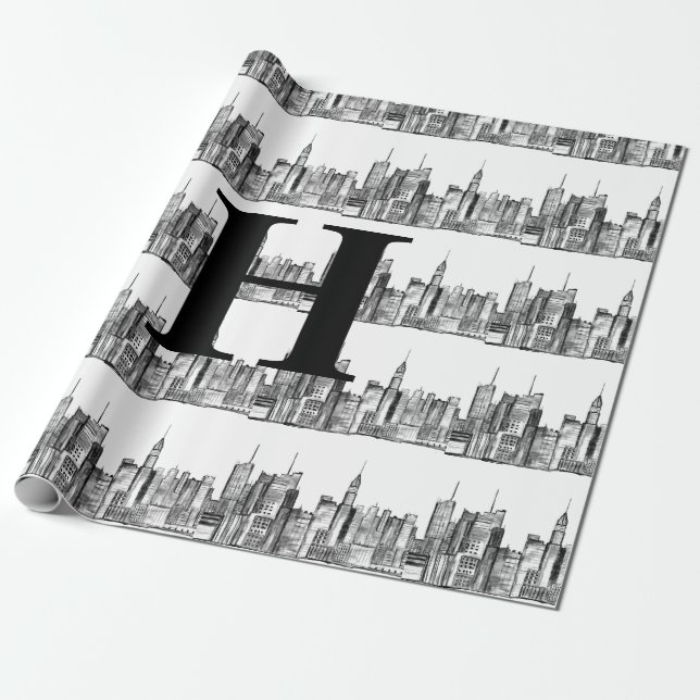 New York City Simple Elegant Schwarz-weiß Monogram Geschenkpapier (Ungerollt)
