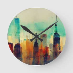 New York City Sky Line - Wasserfarbe Runde Wanduhr