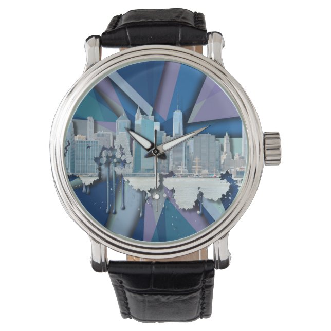 New York City Skyline | Blue 3D Armbanduhr (Vorderseite)