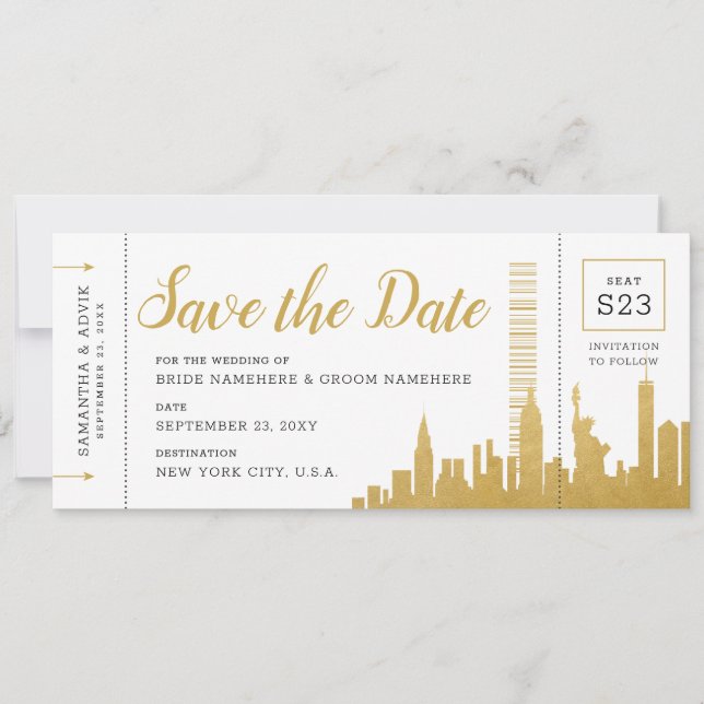 New York City Skyline Boarding Pass Rett Date Card Ankündigung (Vorderseite)