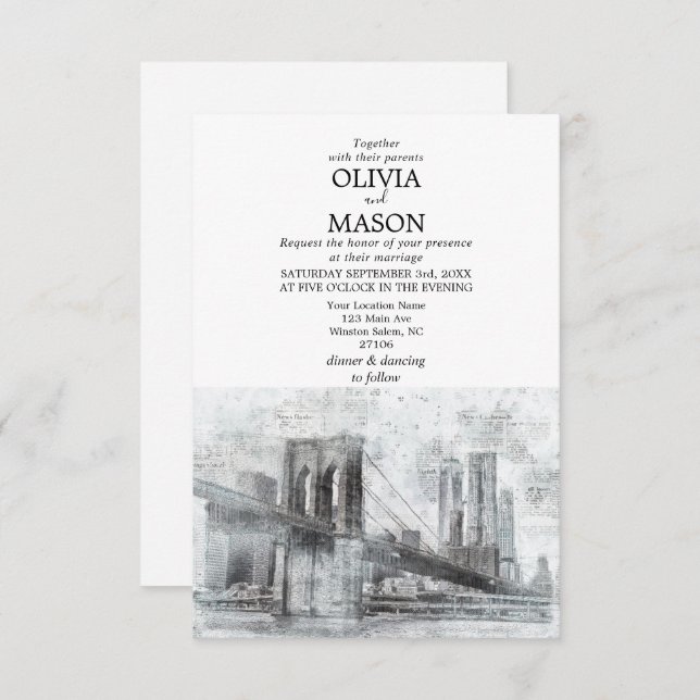 New York City Skyline Brooklyn Wedding Einladung (Vorne/Hinten)