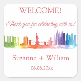 NEW YORK CITY Skyline Farbenfrohe Regenbogenhochze Quadratischer Aufkleber